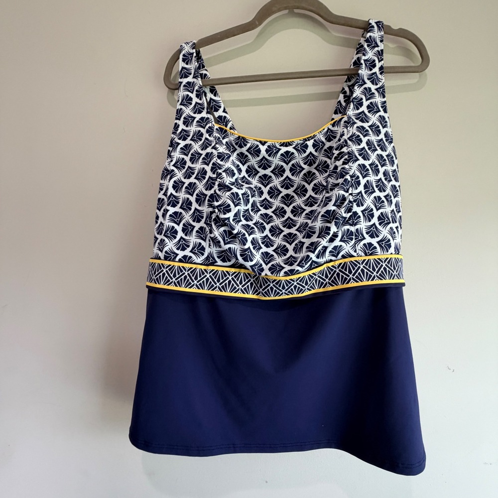 Lands End Tankini Swim Top Women 22W Navy Blue White Geometric Stretch Preppy